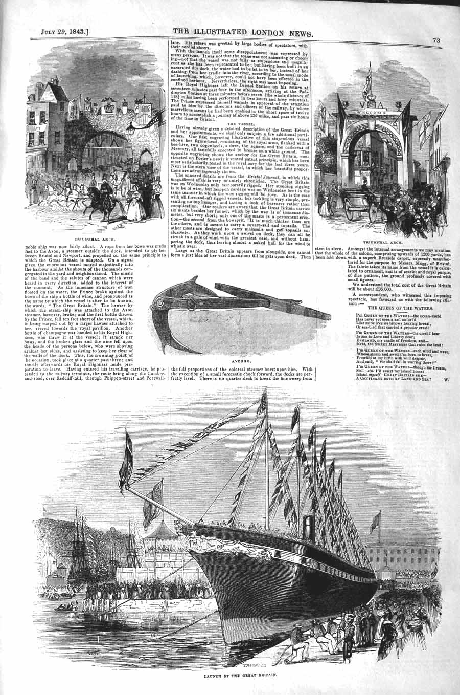 Original Old Antique Print 1843 Launch Ship Great Britain Triumphal Arch 19th
