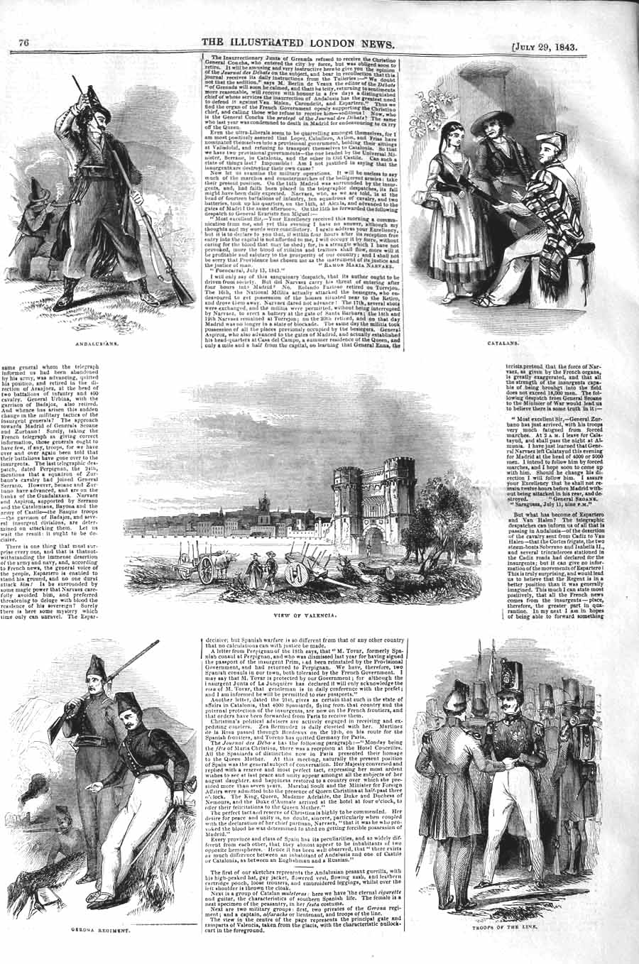 Original Old Antique Print 1843 View Valencia Siers Catalans Andalusians 19th