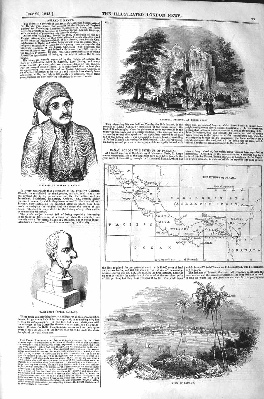 Original Old Antique Print 1843 Canal Isthmus Panama Roche Abbey Tamburin 19th