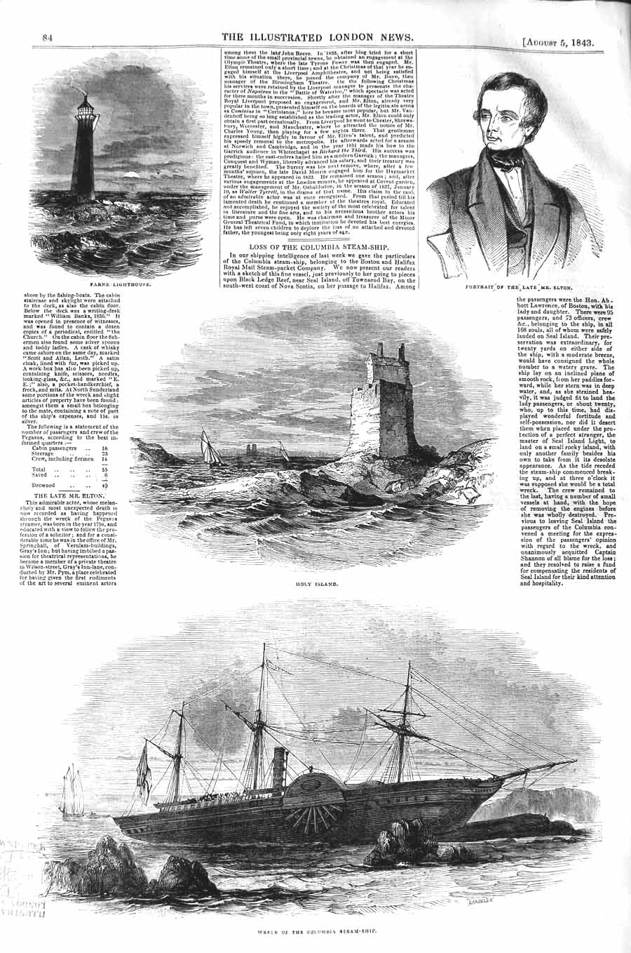 Old Antique Print 1843 Holy Island Ship Wreck Columbia Farne Lighthouse 19th
