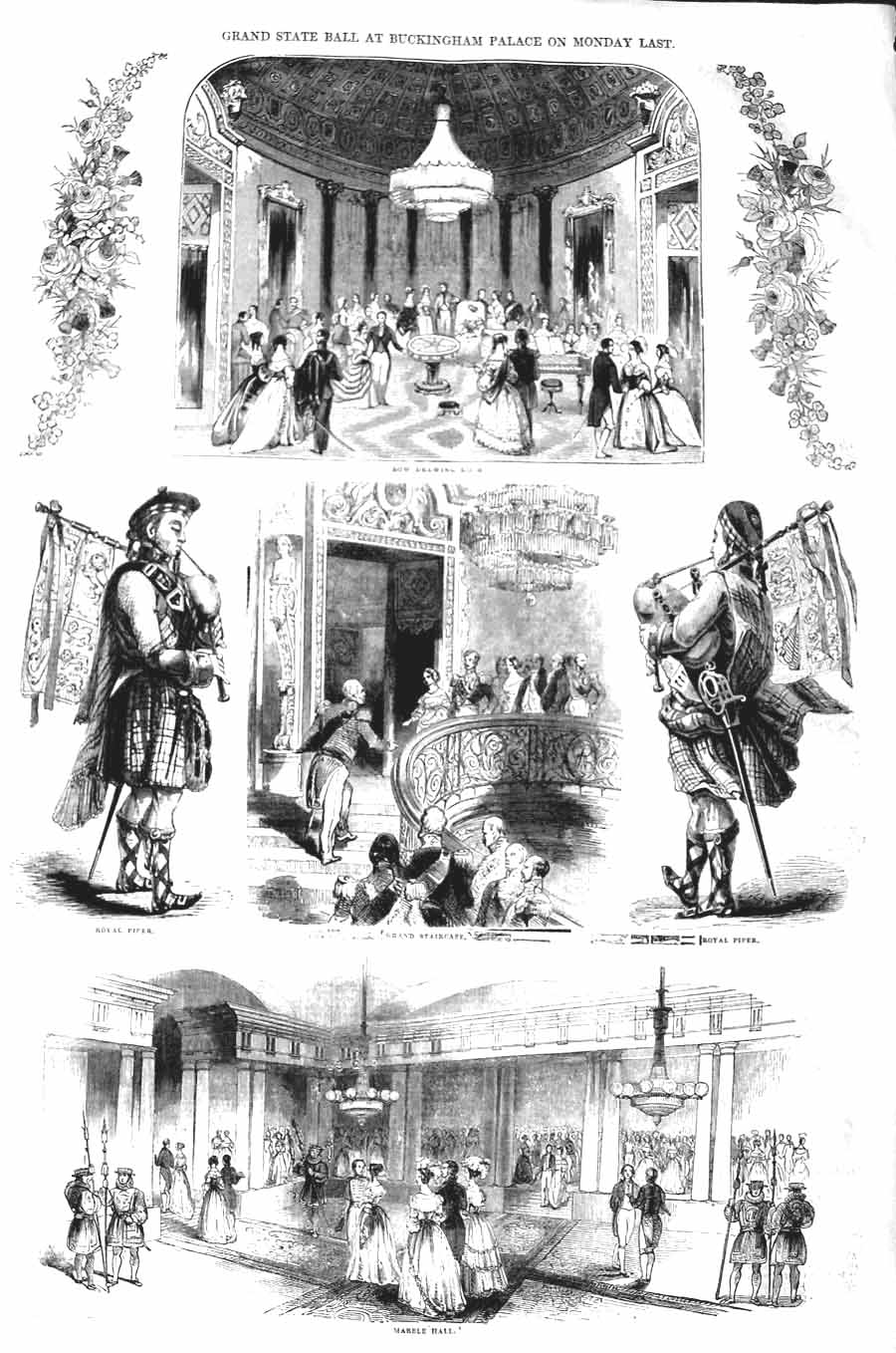 Original Old Antique Print 1843 Grand State Ball Buckingham Palace Royal Piper
