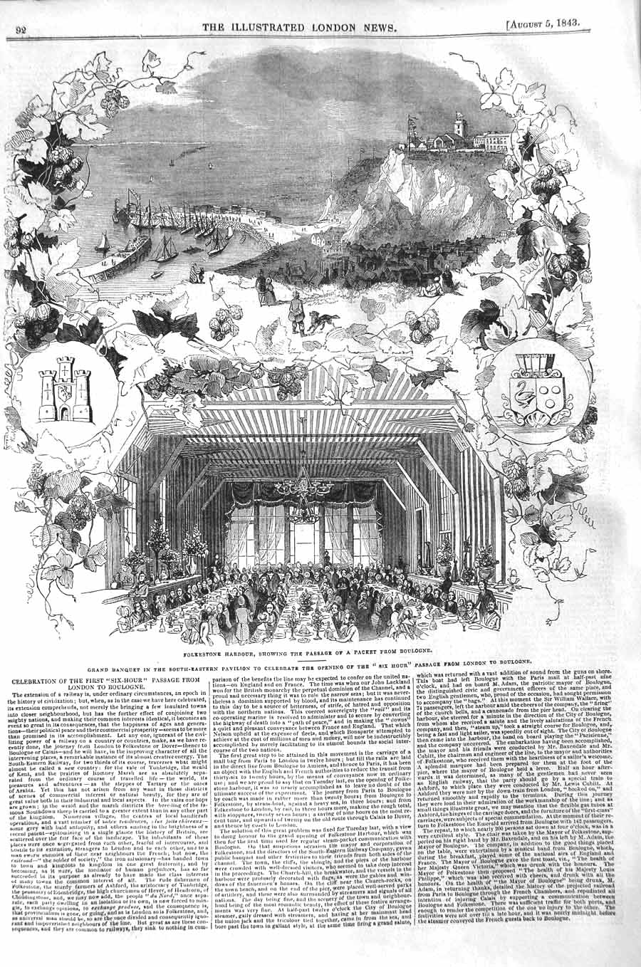 Original Old Antique Print 1843 Folkestone Harbour Banquet London Boulogne 19th