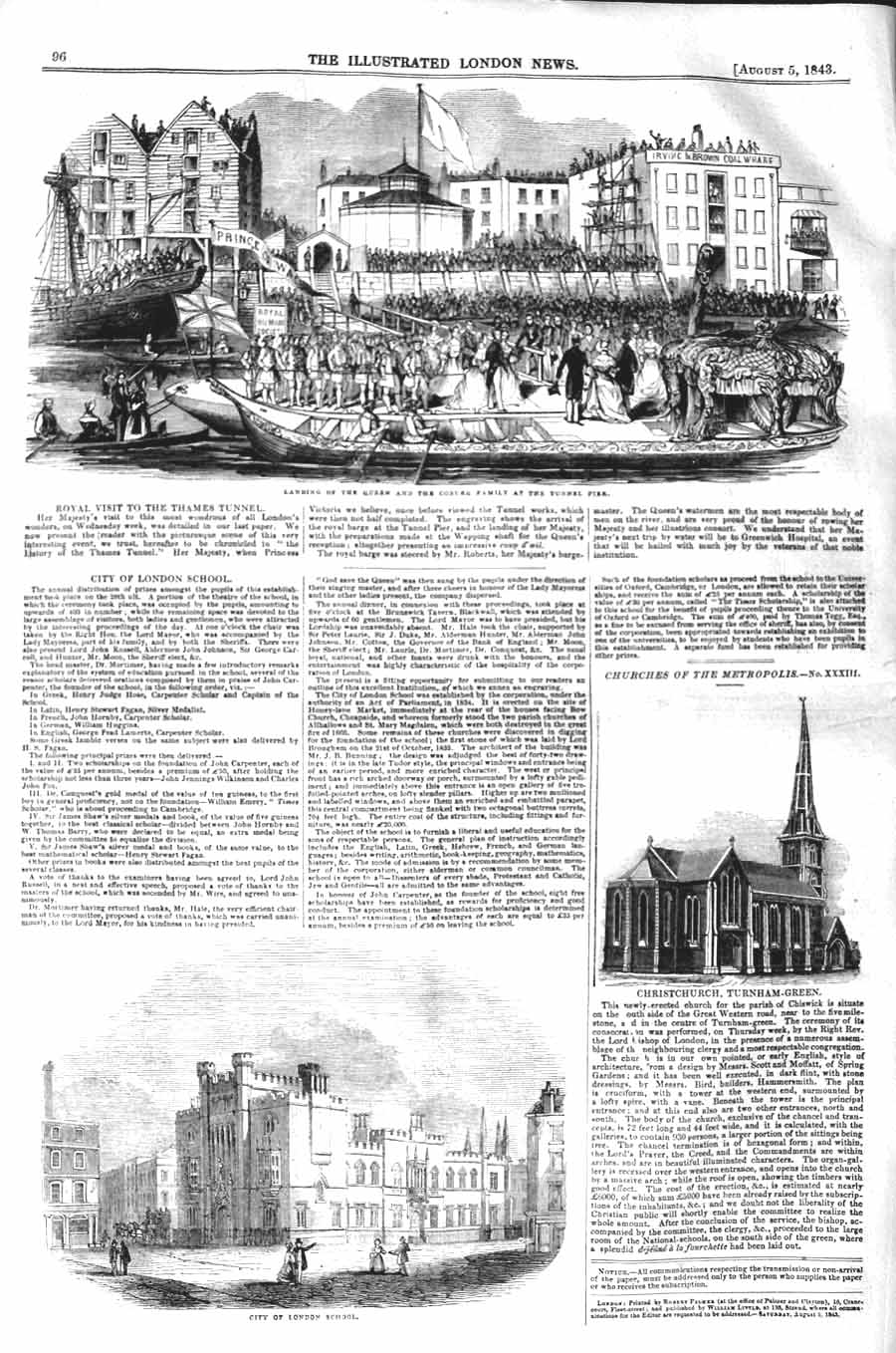 Original Old Antique Print 1843 Queen Coburg Tunnel Pier London School Church