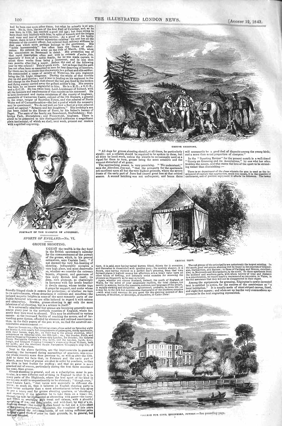 Original Old Antique Print 1843 Grouse Shooting Marquis Anglesey College 19th