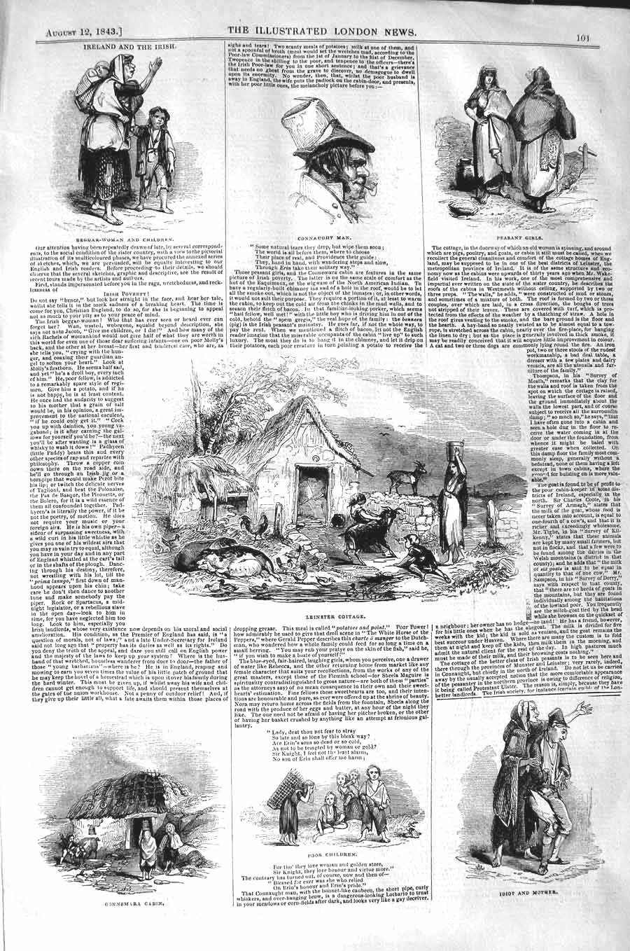 Original Old Antique Print 1843 Leinster Cottage Connemara Cabin Connaught Man