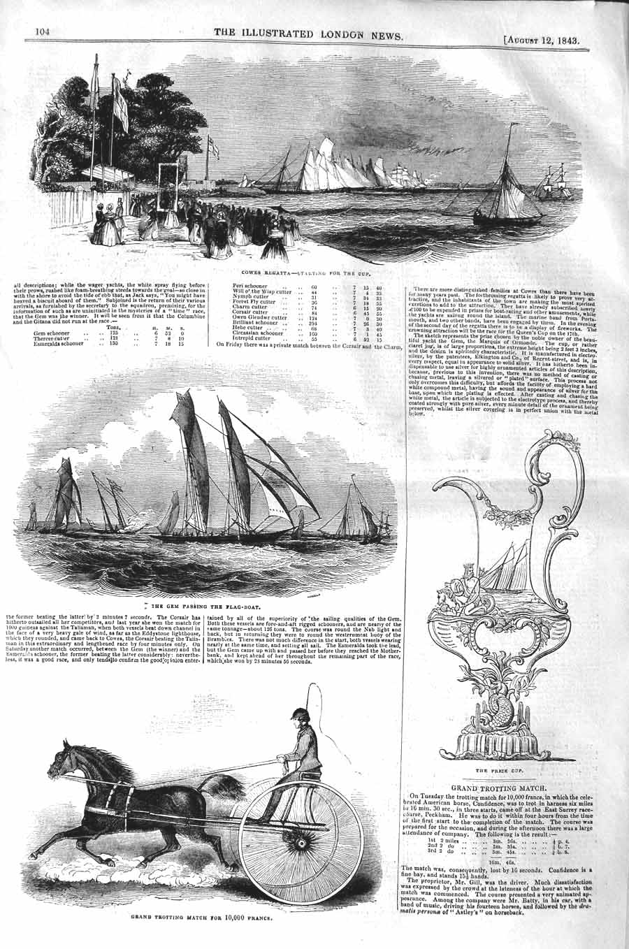 Old Antique Print 1843 Cowes Regatta Yachts Gem Flag Boat Trotting Horse 19th