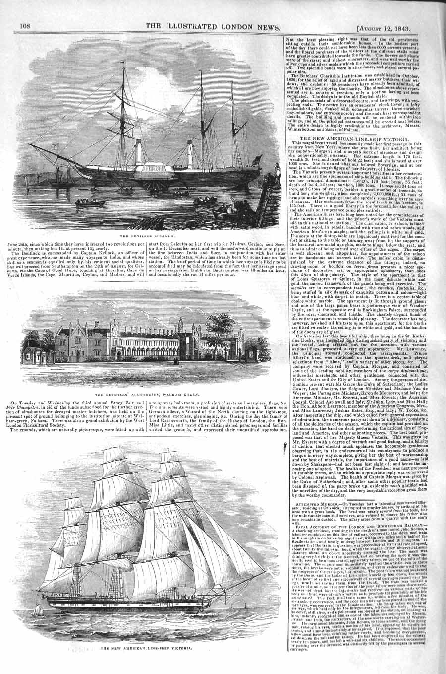 Old Antique Print 1843 American Line Ship Victoria Butcher'S Almshouses 19th