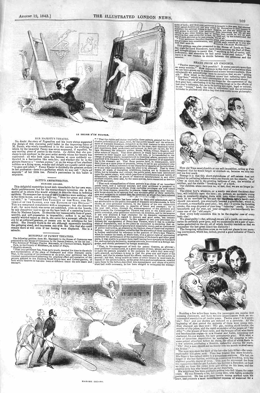 Original Old Antique Print 1843 Her Majesty Theatre Madame Lejars Amphi 19th