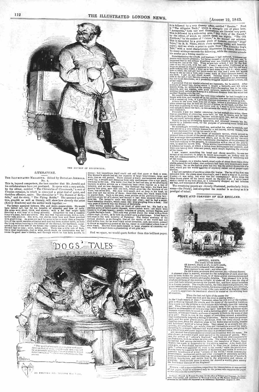 Old Antique Print 1843 Hermit Bellyfulle Amwell Herts Dogs' Tales Comedy 19th