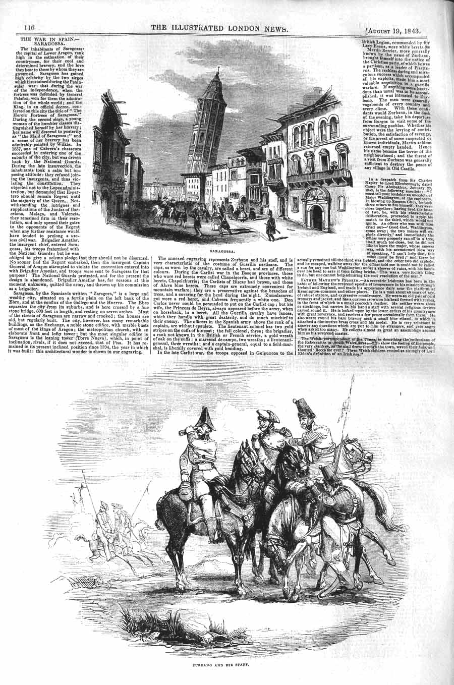 Original Old Antique Print 1843 War Spain View Saragossa Zurbano Staff Victorian
