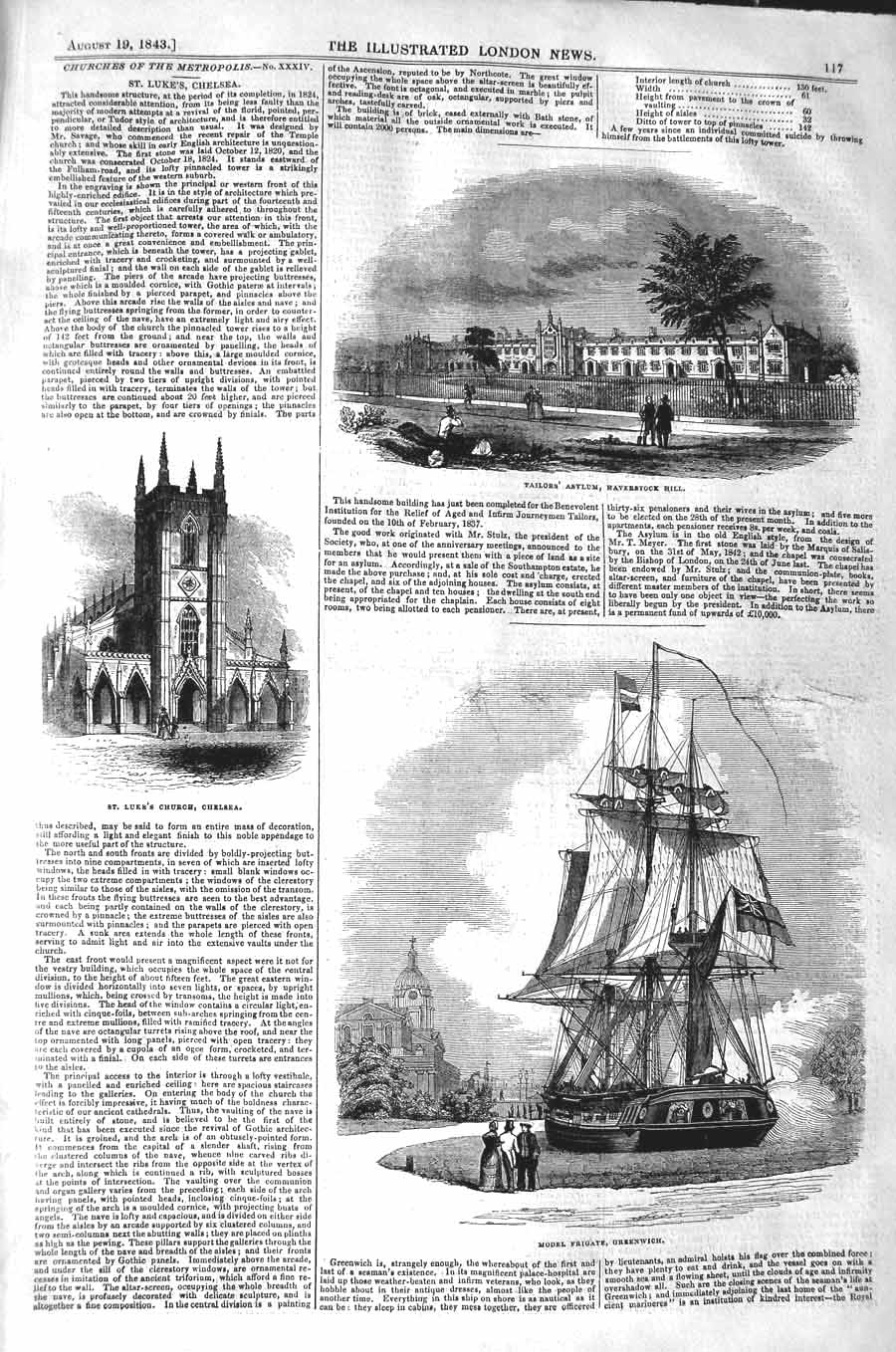 Original Old Antique Print 1843 Tailors Asylum Haverstock Luke Church Greenwich