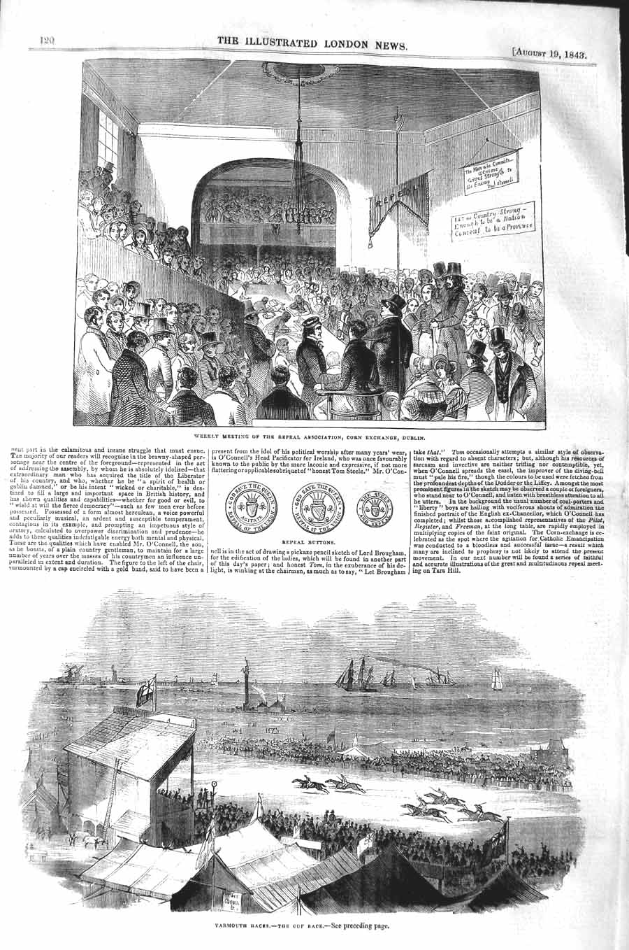 Original Old Antique Print 1843 Repeal Corn Exchange Dublin Yarmouth Hors 19th