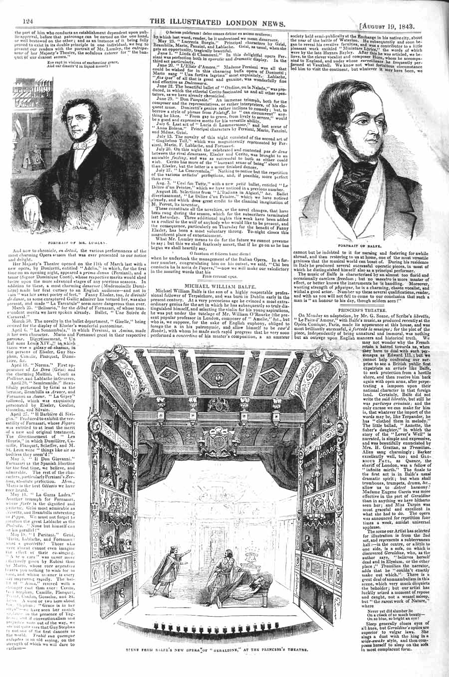 Original Old Antique Print 1843 Portait Balfe Lumley Princess Theatre Ge 19th