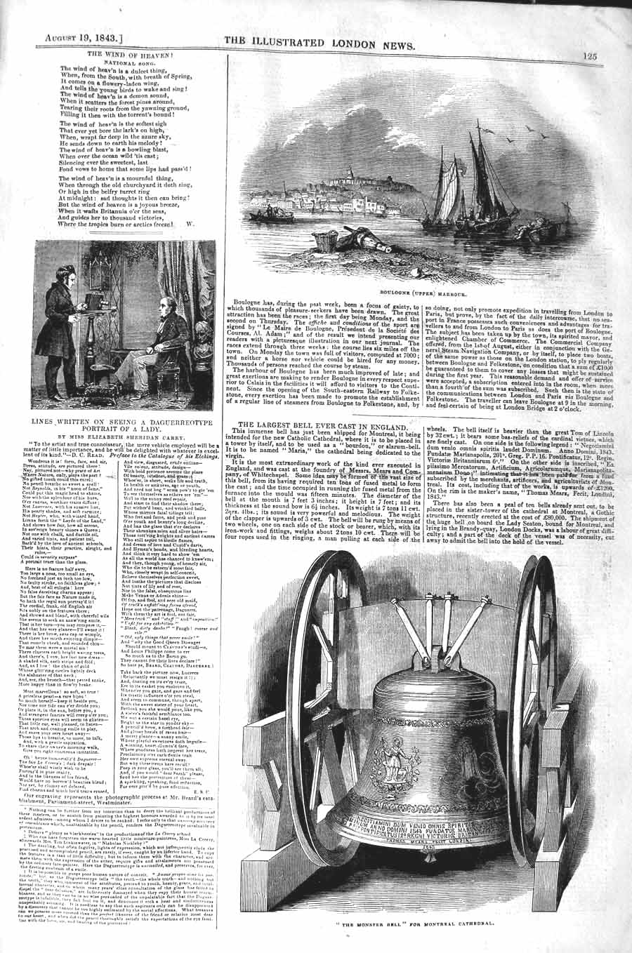 Original Old Antique Print 1843 Boulogne Harbour France Bell Montreal Cathedral