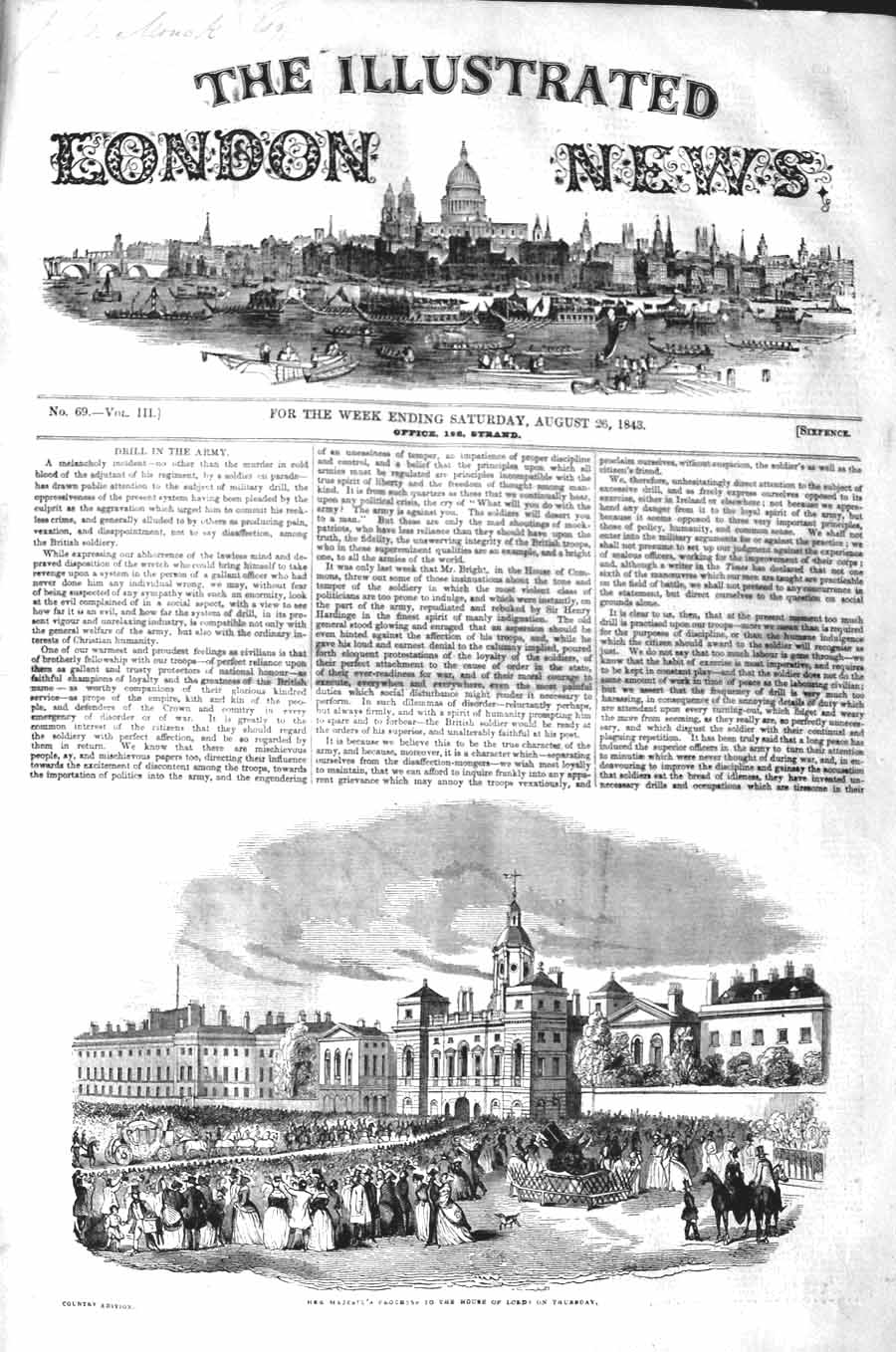 Old Antique Print 1843 Queen Travelling Horses Coach House Lords London 19th