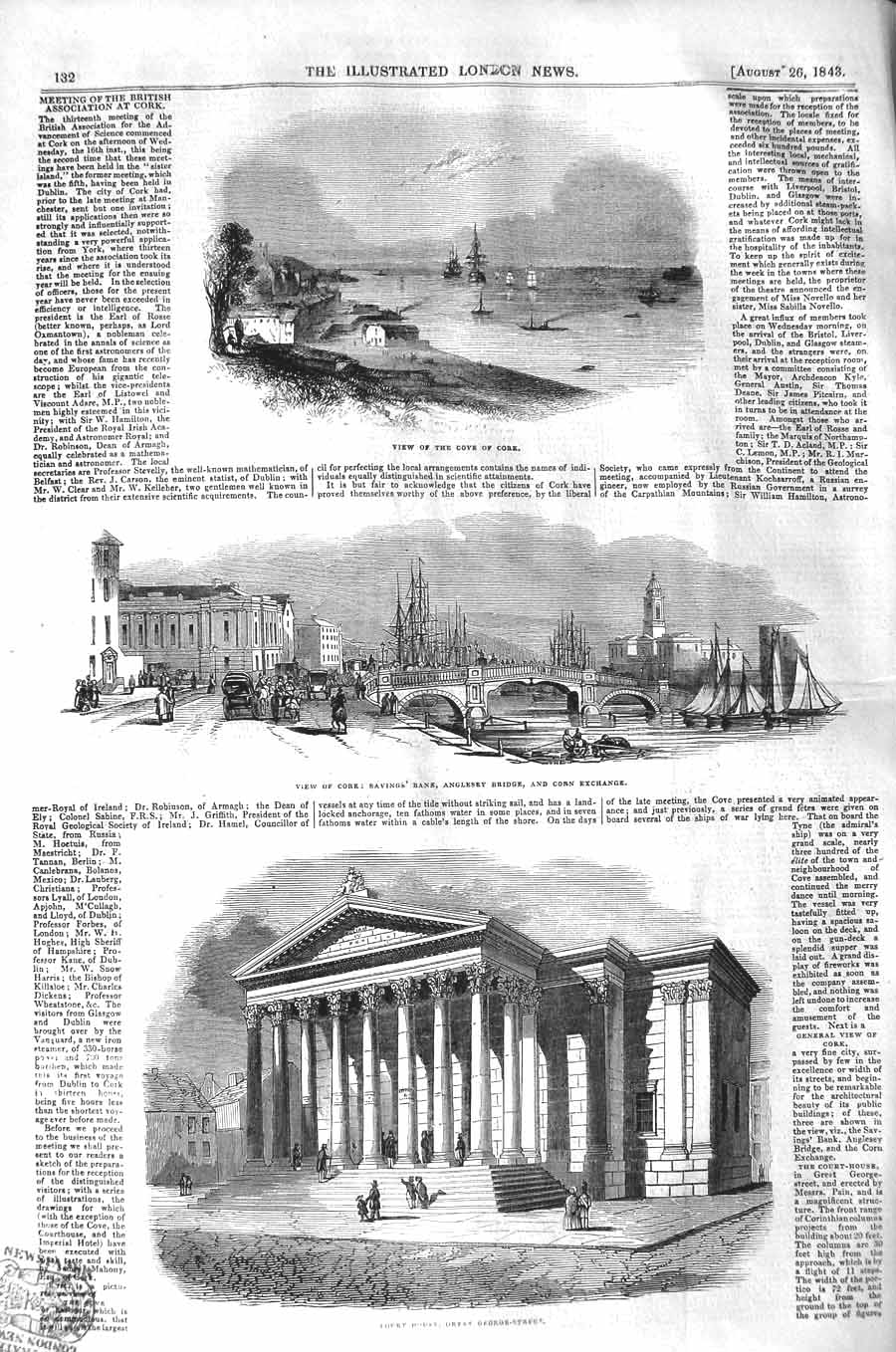 Old Antique Print 1843 View Cove York Anglesey Bridge Court George Street 19th