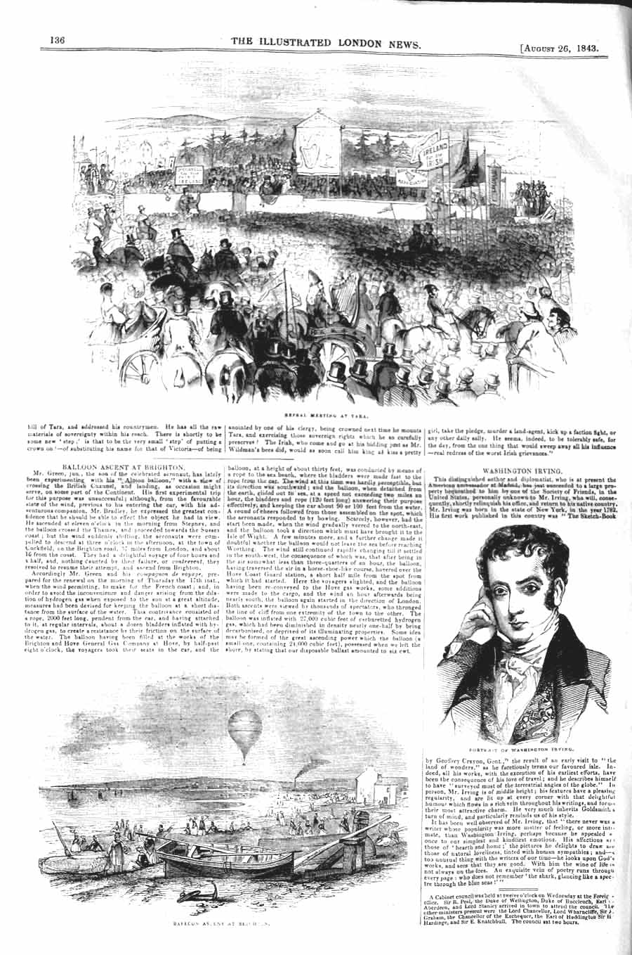 Old Antique Print 1843 Portrait Washington Irving Balloon Ascent Brighton 19th