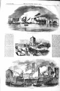 Original Old Antique Print 1843 Great Fire London Bridge Church River Victorian