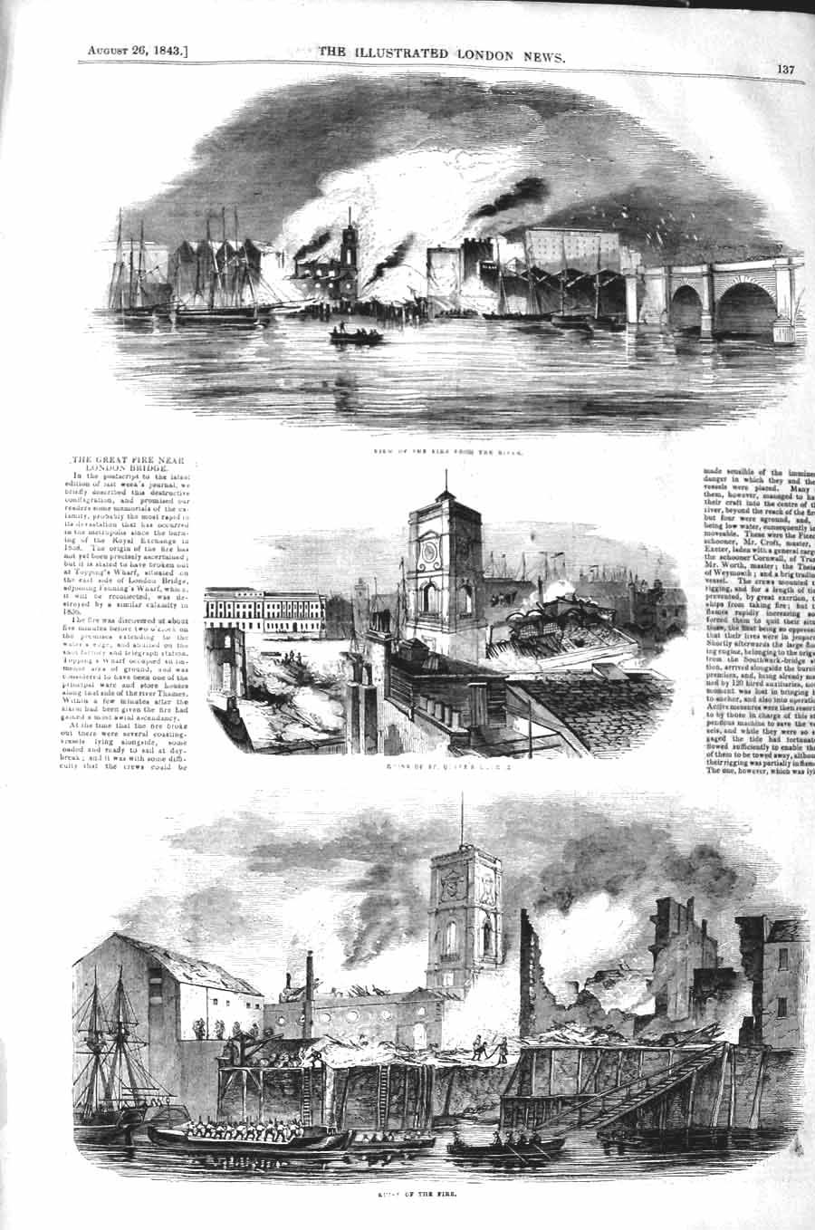 Original Old Antique Print 1843 Great Fire London Bridge Church River Victorian