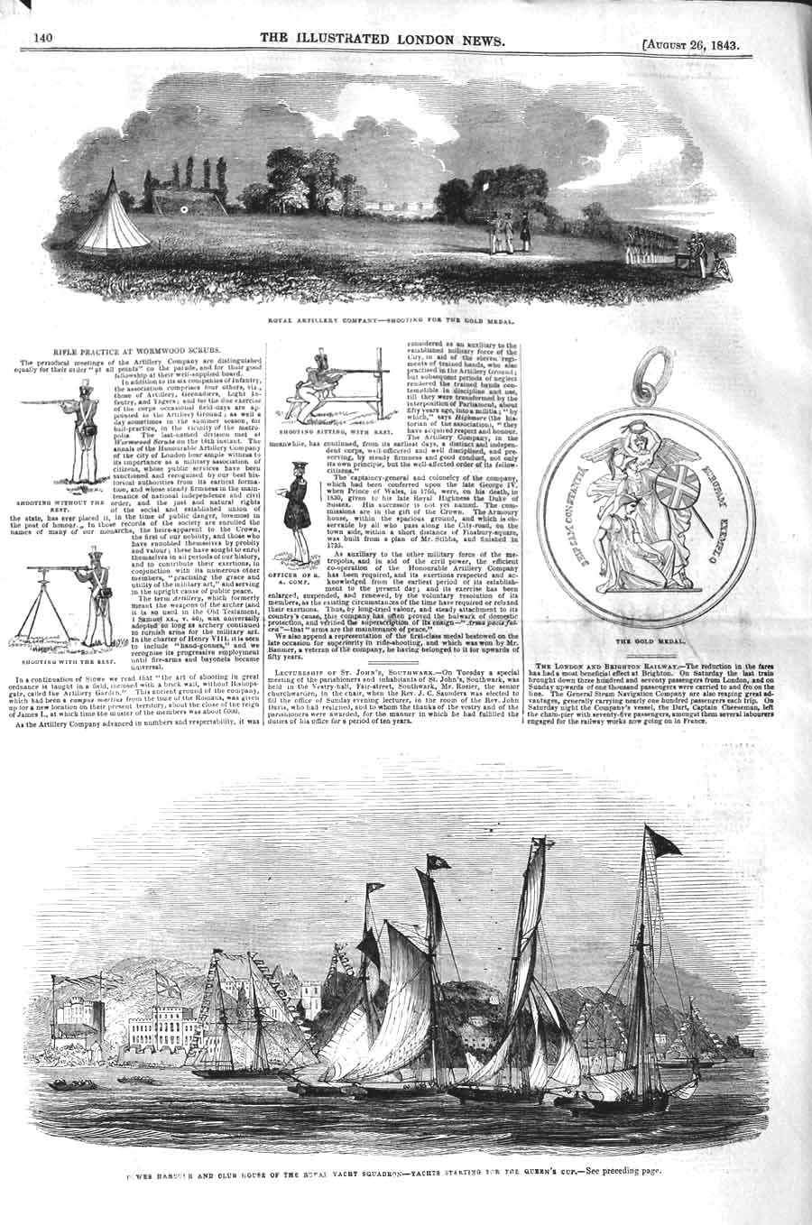 Old Antique Print 1843 Royal Artillery Company Cowes Harbour Royal Yacht 19th