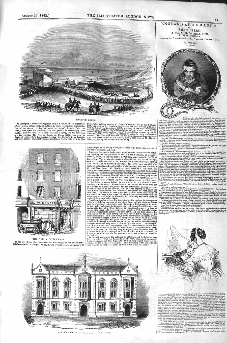 Original Old Antique Print 1843 Boulogne Horses Races Fire Fetter Queen College