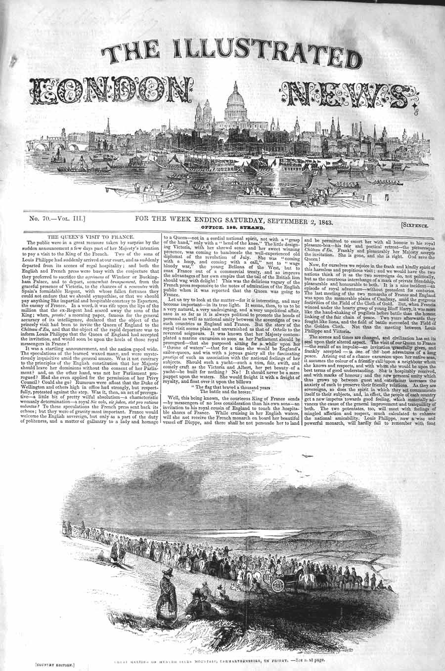 Original Old Antique Print 1843 Meeting Mynydd Mountains Carmarthenshir 19th