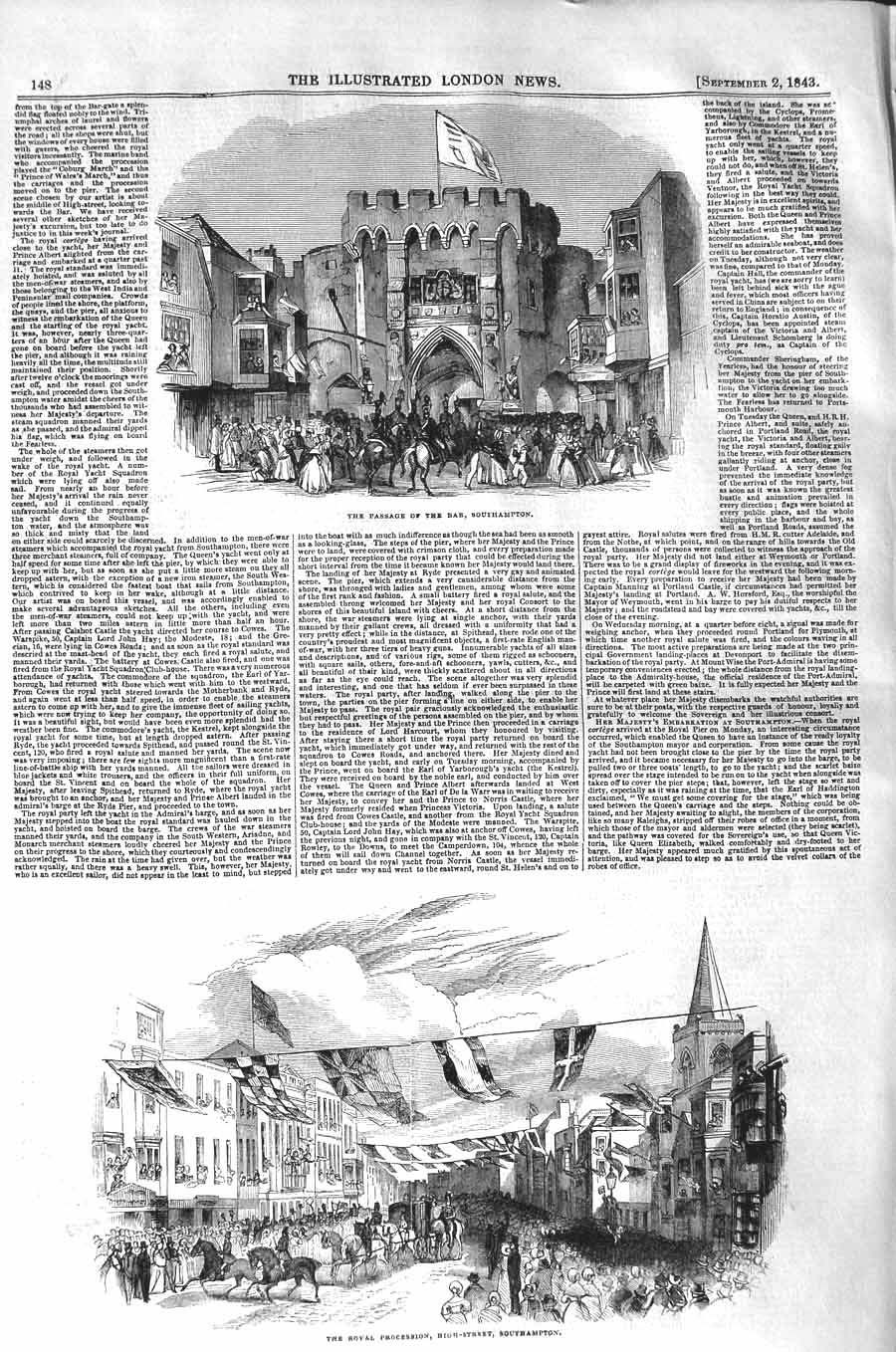 Original Old Antique Print 1843 Passage Bar Southampton Royal Procession 19th