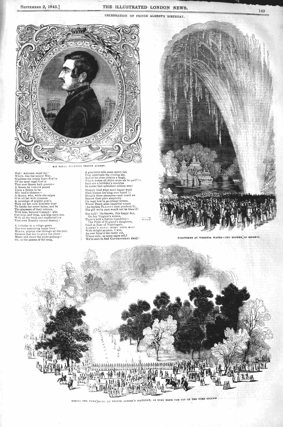 Old Antique Print 1843 Prince Albert Fireworks Virginia Water York Column 19th