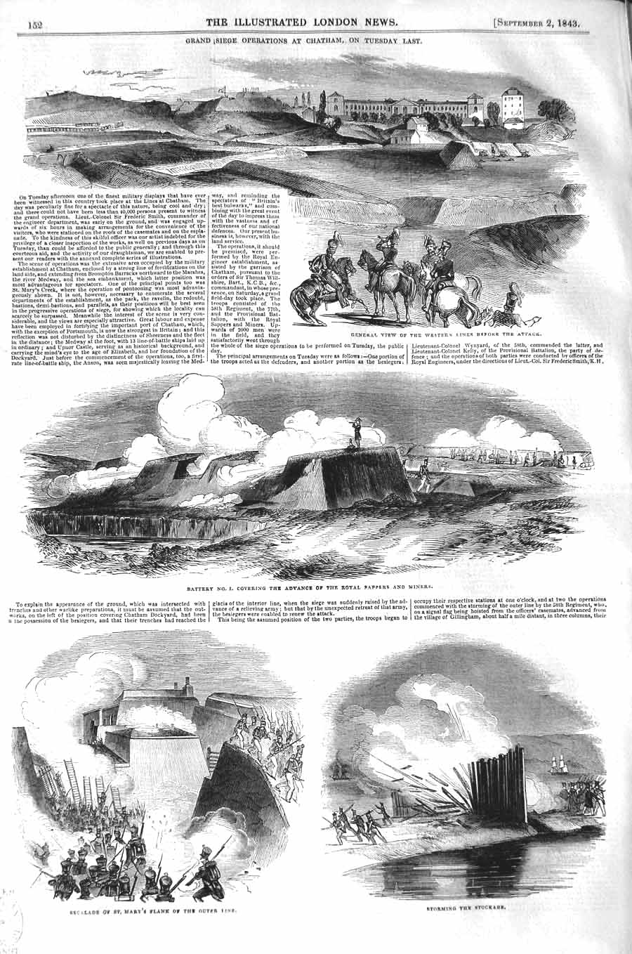 Original Old Antique Print 1843 Siege Operations Chatham Royal Sappers Min 19th