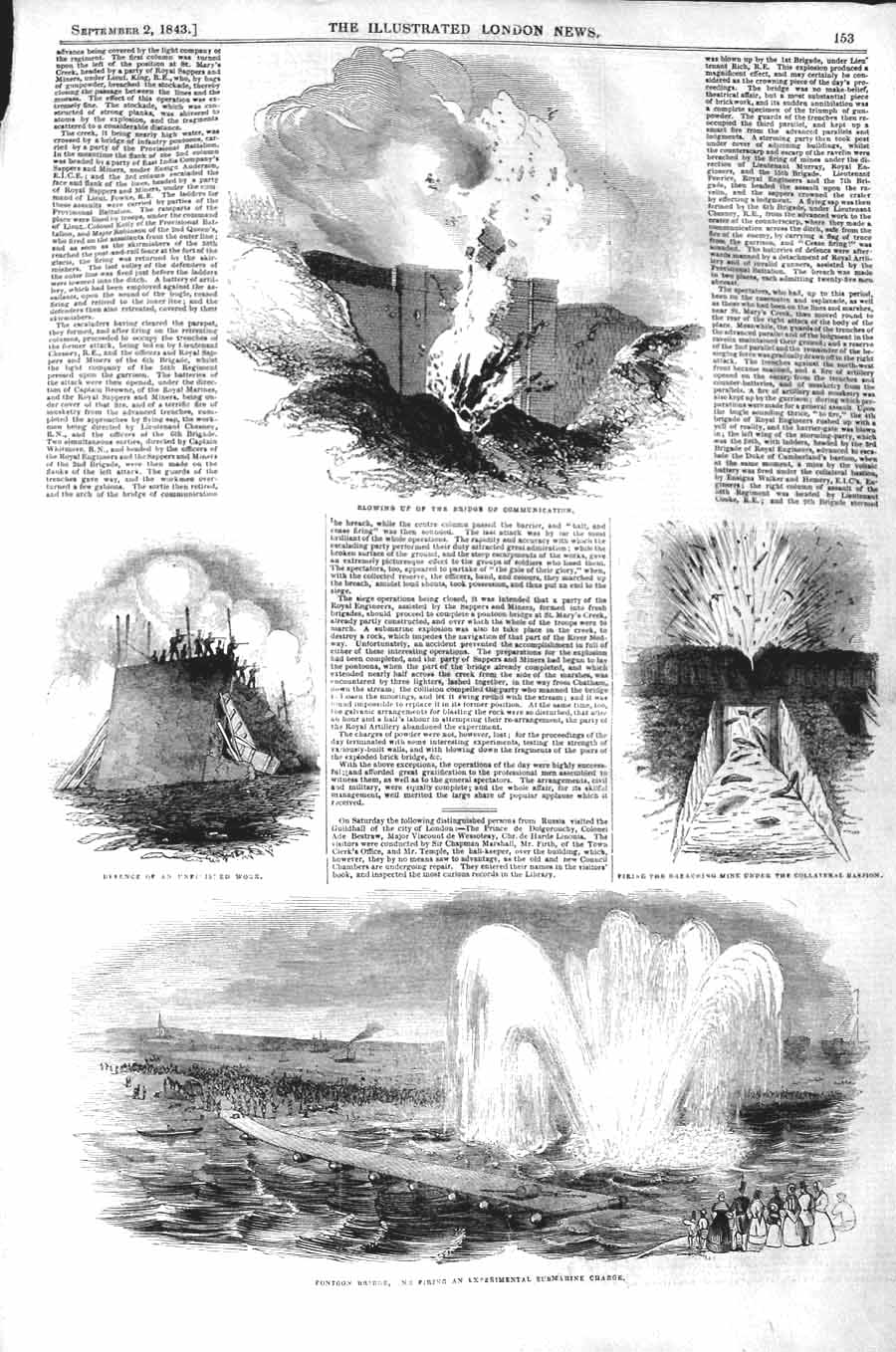 Original Old Antique Print 1843 Pontoon Bridge Submarine Bridge Communication