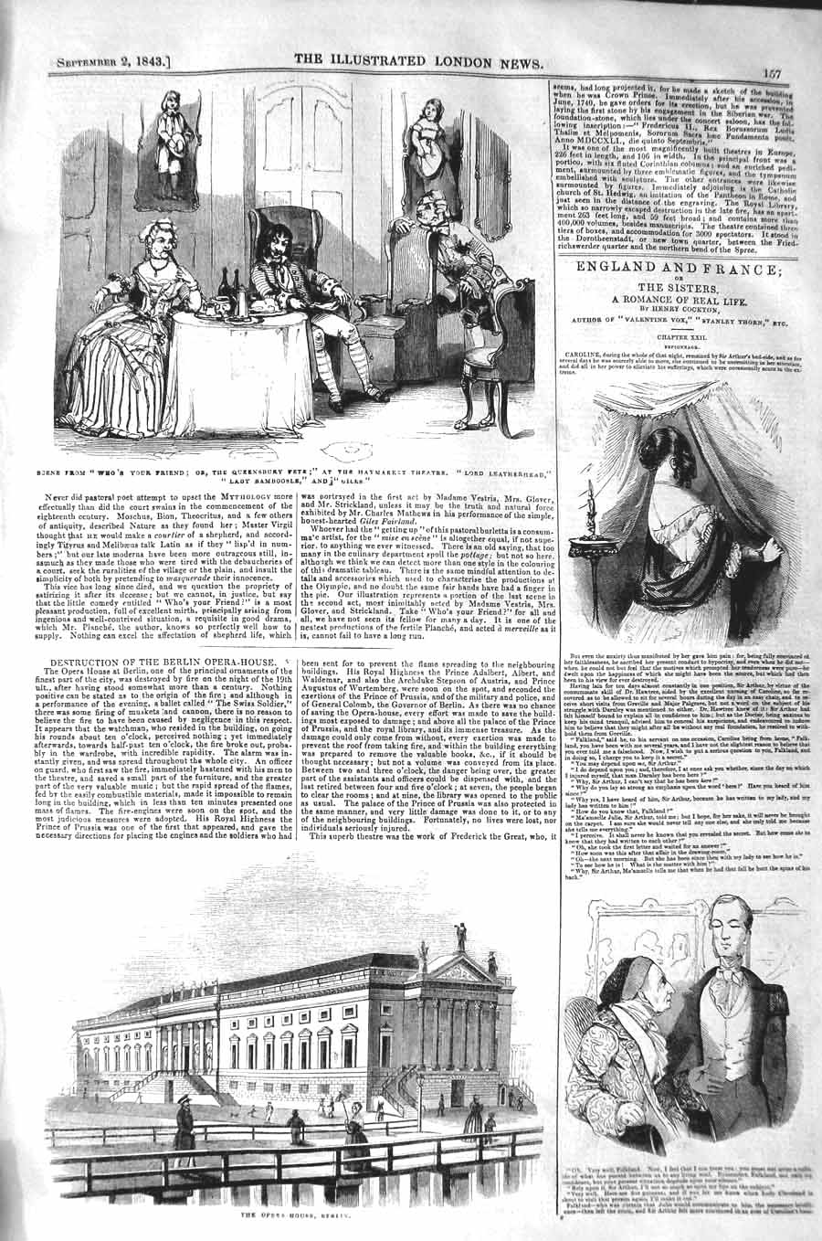 Old Antique Print 1843 Haymarket Theatre Leatherhead Opera House Berlin 19th