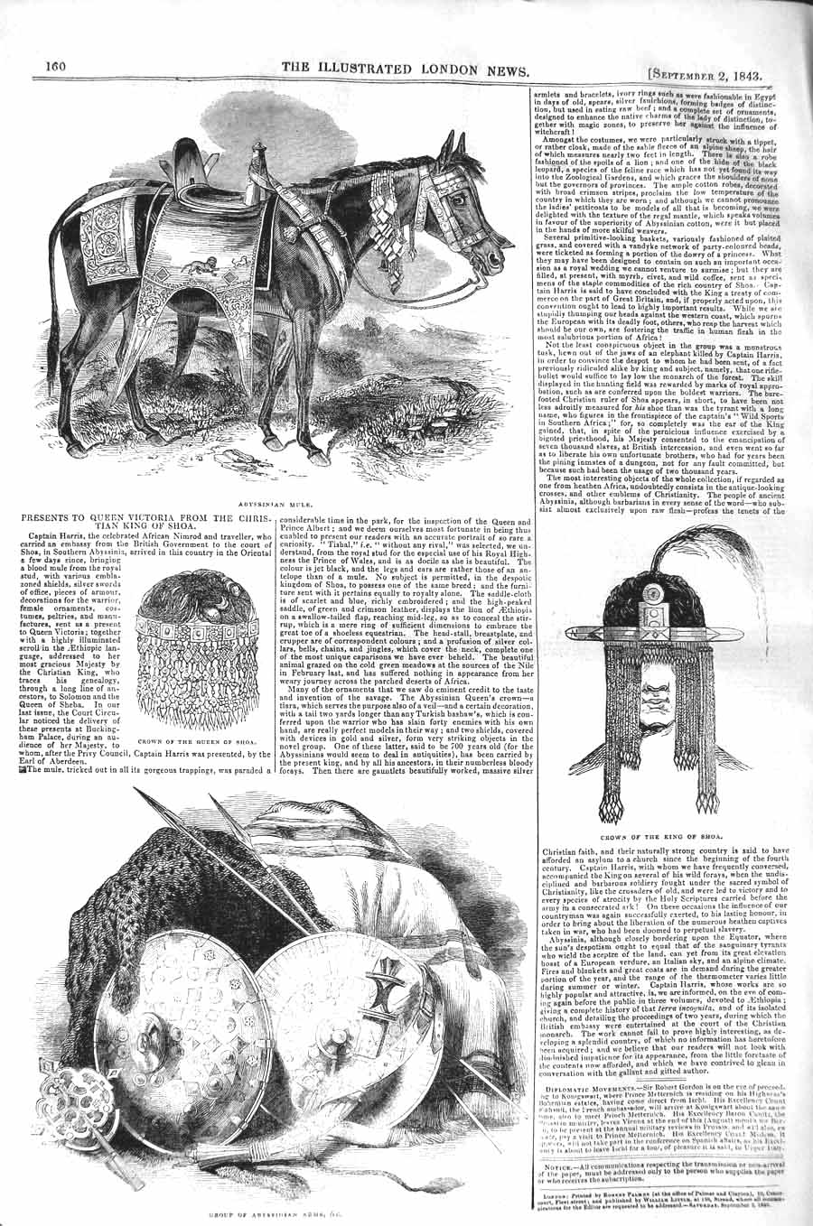 Original Old Antique Print 1843 Abyssinian Mule Crown King Shoa Arms Weapons