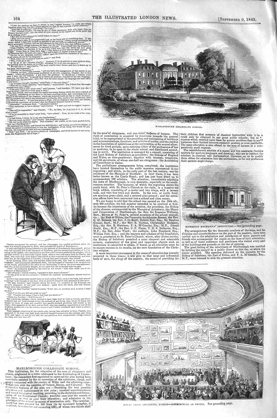Old Antique Print 1843 Marlborough School Irish Art Union Dublin Richmond 19th