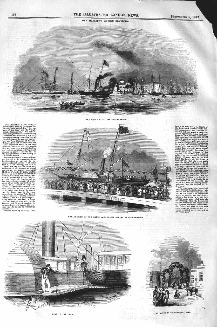 Old Antique Print 1843 Royal Yacht Southampton Queen Prince Albert Ship 19th