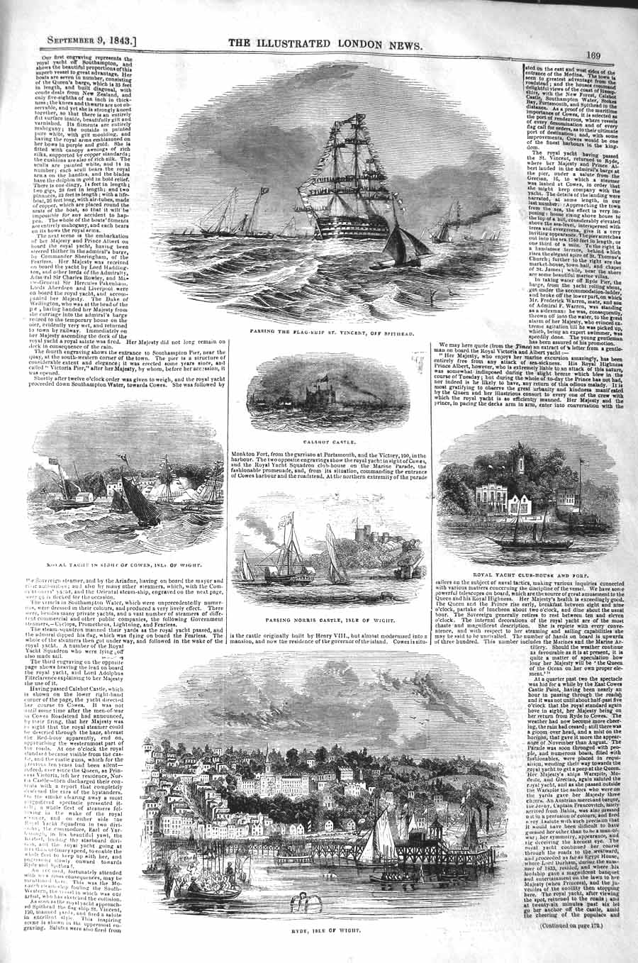 Old Antique Print 1843 Ship Vincent Spithead Ryde Isle Wight Castle Regis 19th