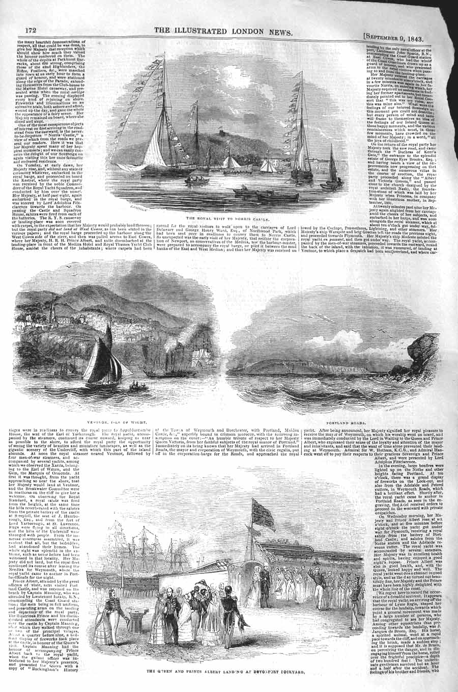 Original Old Antique Print 1843 Queen Albert Devonport Isle Wight Ship Castle