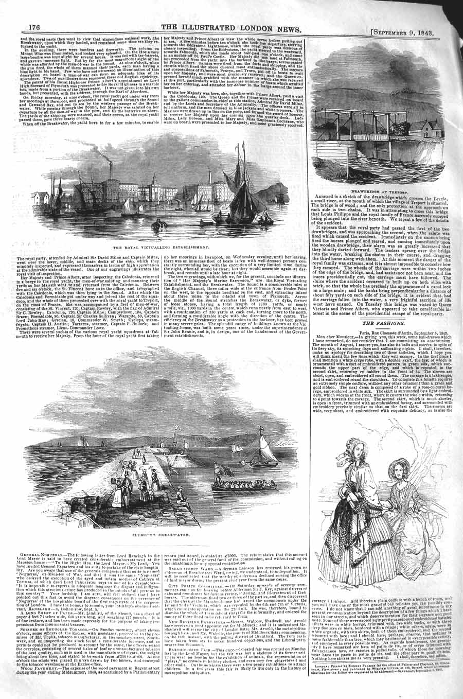 Original Old Antique Print 1843 Drawbridge Treport Plymouth Breakwater Ships