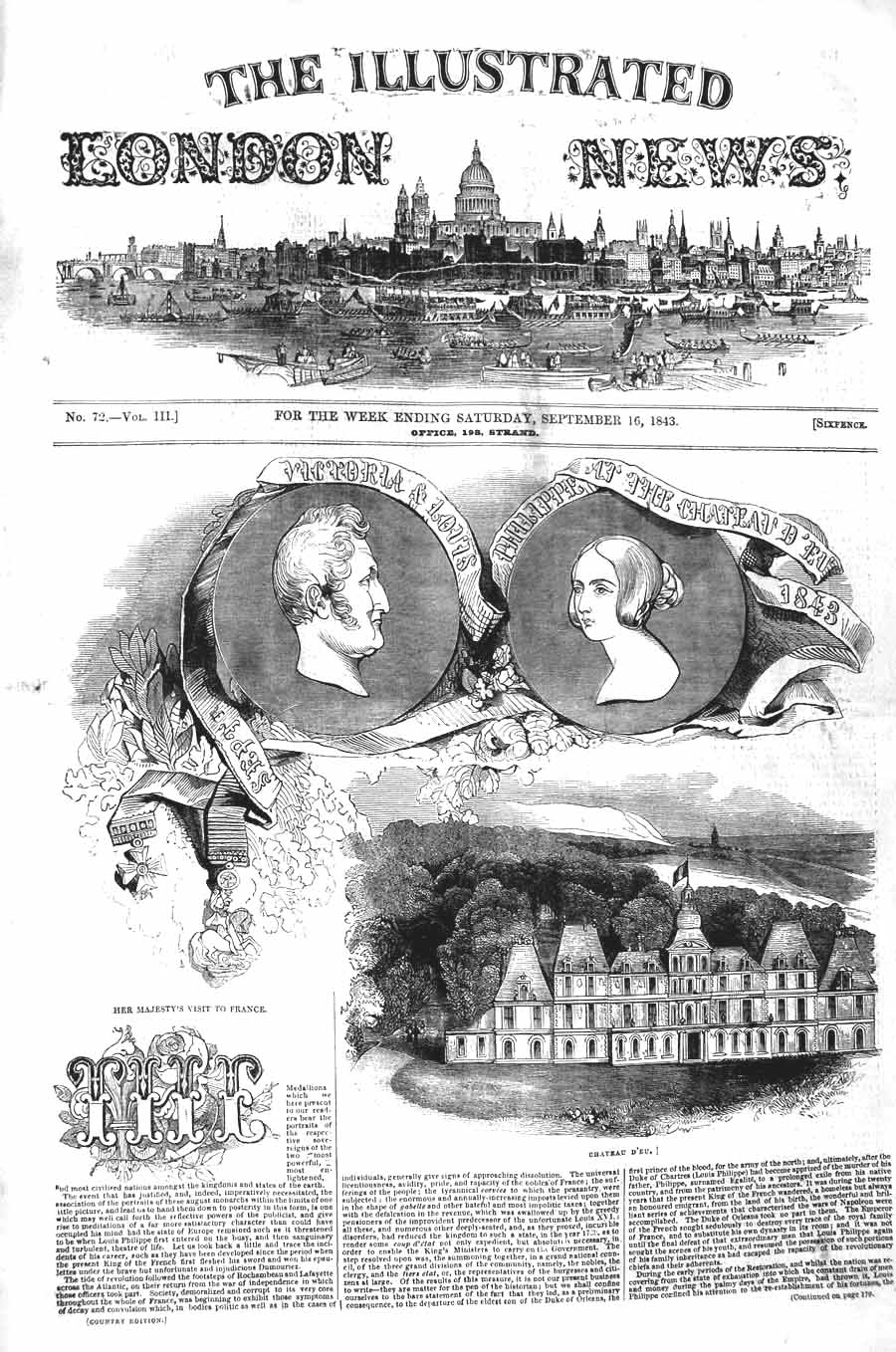 Original Old Antique Print 1843 Queen Victoria Louis Philippe Chateau D'Eu 19th