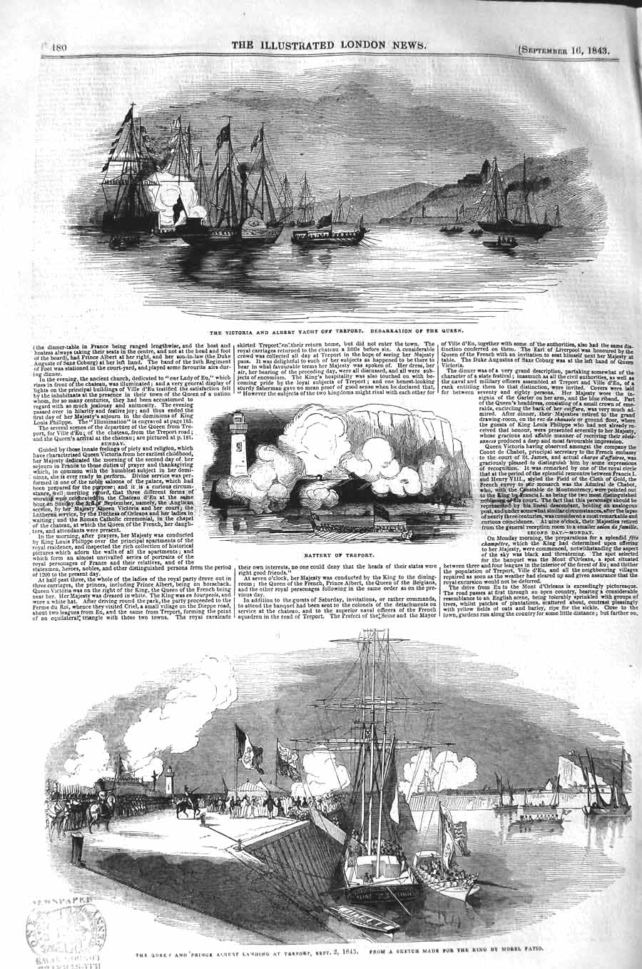 Old Antique Print 1843 Victoria Albert Yacht Treport Battery Ship Queen 19th