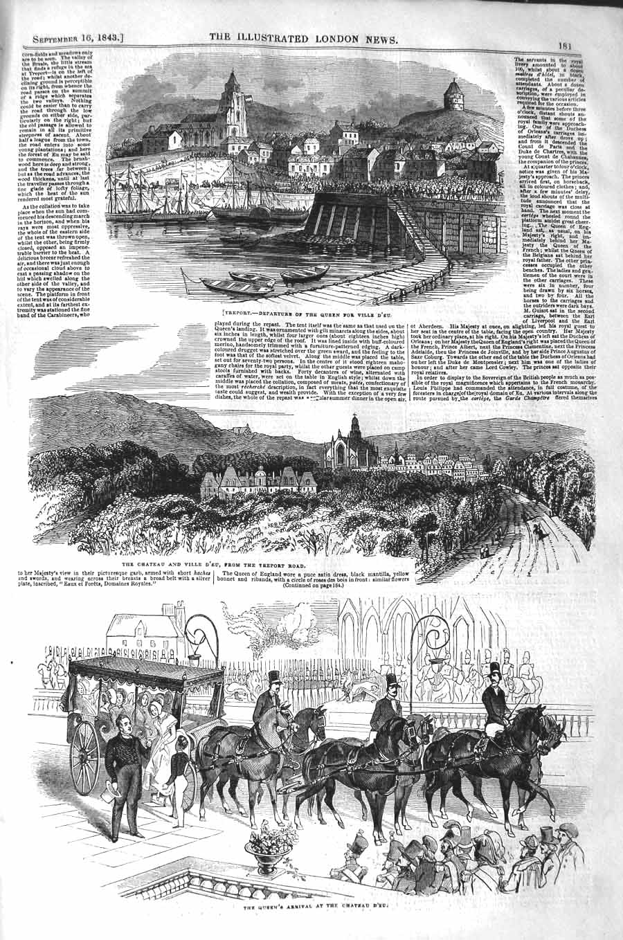 Original Old Antique Print 1843 Treport Queen Chateau Villa D'Eu Horses C 19th