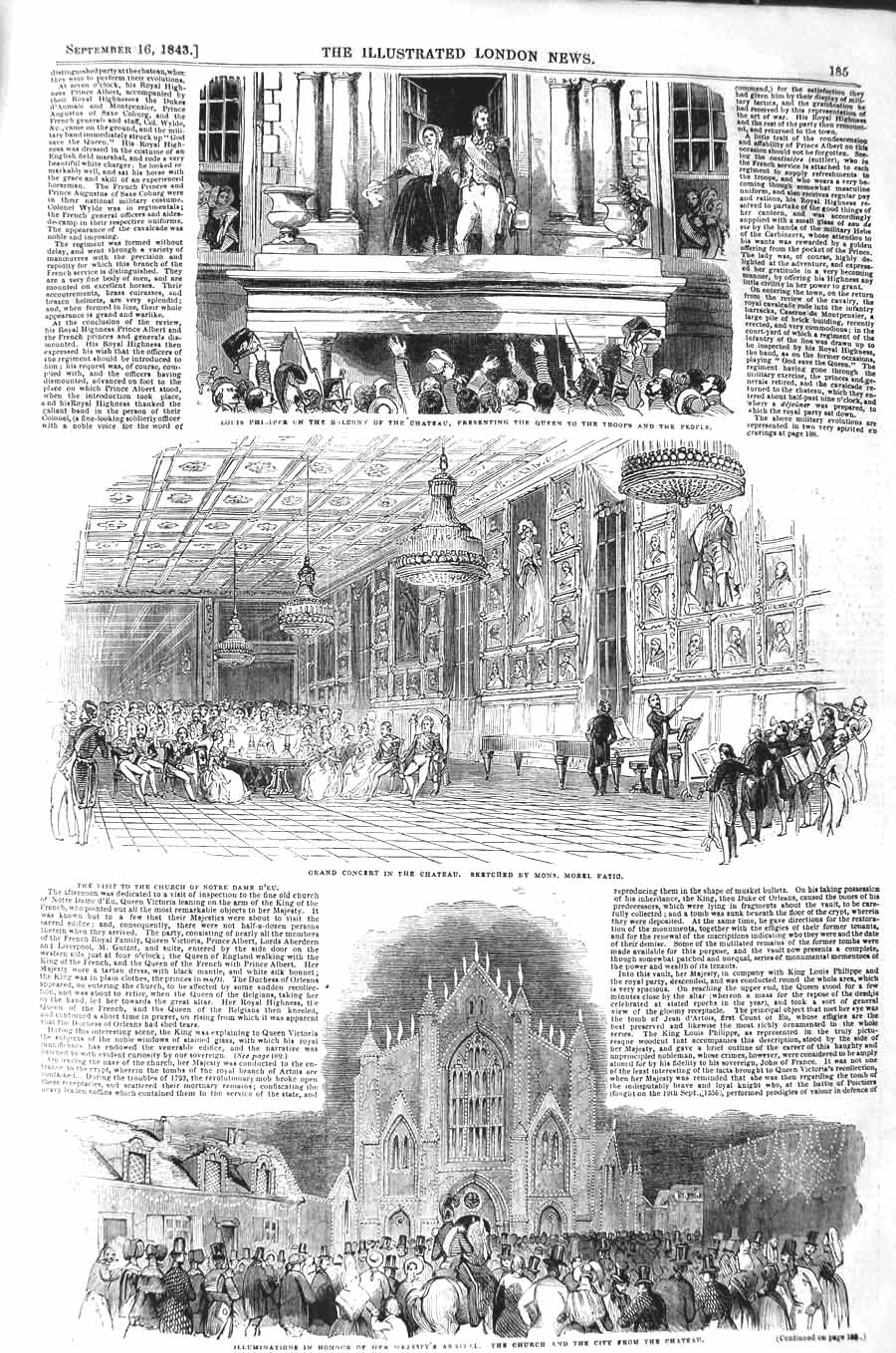 Original Old Antique Print 1843 Louis Philippe Balcony Chateau Church Concert