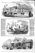 Original Old Antique Print 1843 Queen Treport Ship Royal Yacht Brighton Flags