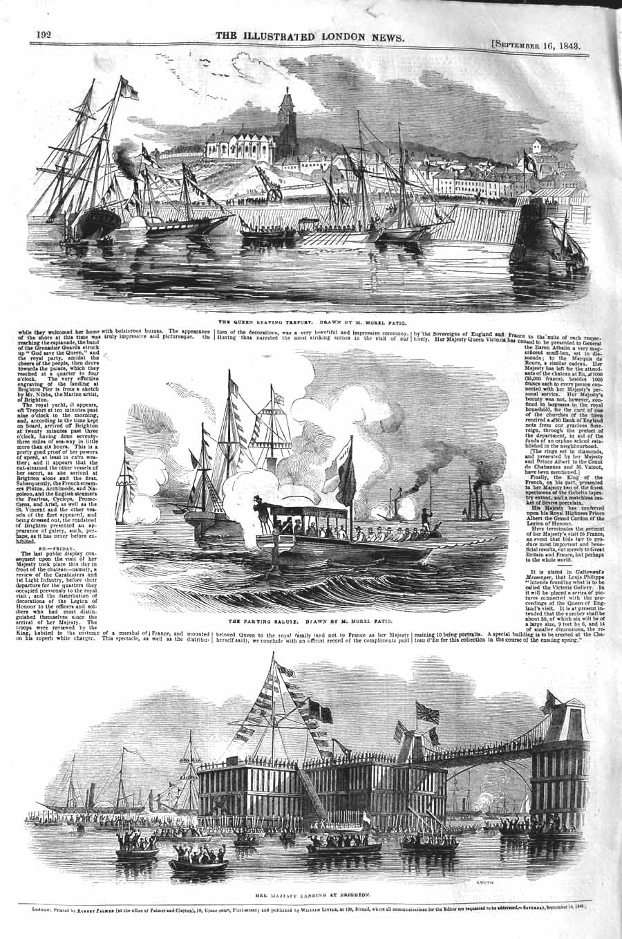 Original Old Antique Print 1843 Queen Treport Ship Royal Yacht Brighton Flags