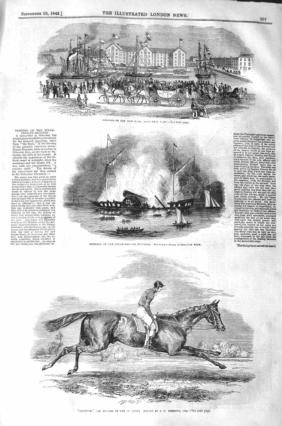 Original Old Antique Print 1843 Dock Ellsmere Port Ship Missouri Nutwith Horse