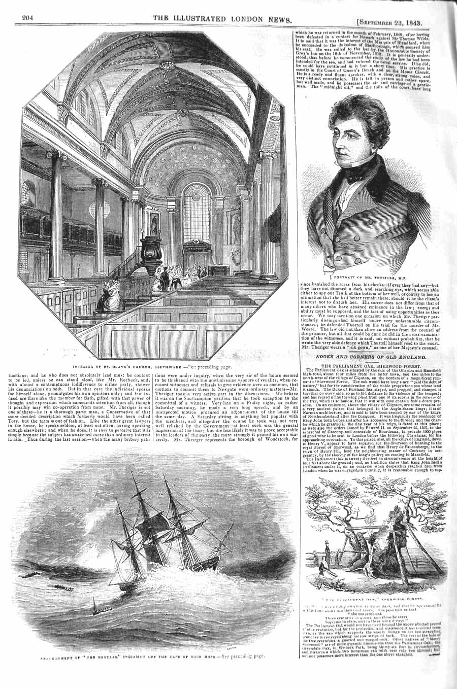 Original Old Antique Print 1843 Ship Regular Cape Good Hope Church Southwark