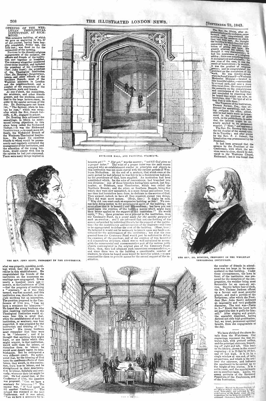 Old Antique Print 1843 Wesleyan Institution Richmond Bunting John Scott 19th