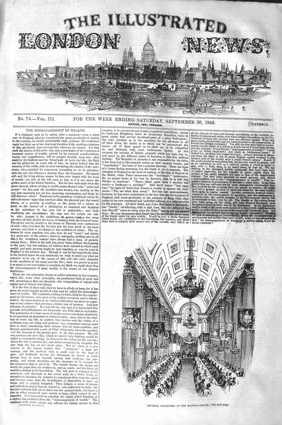 Original Old Antique Print 1843 General Espartero Mansion House London 19th