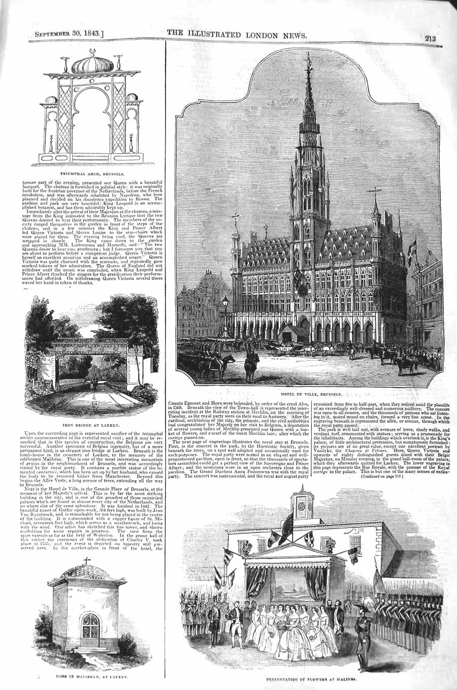 Original Old Antique Print 1843 Hotel De Ville Brussels Laeken Flowers Malines