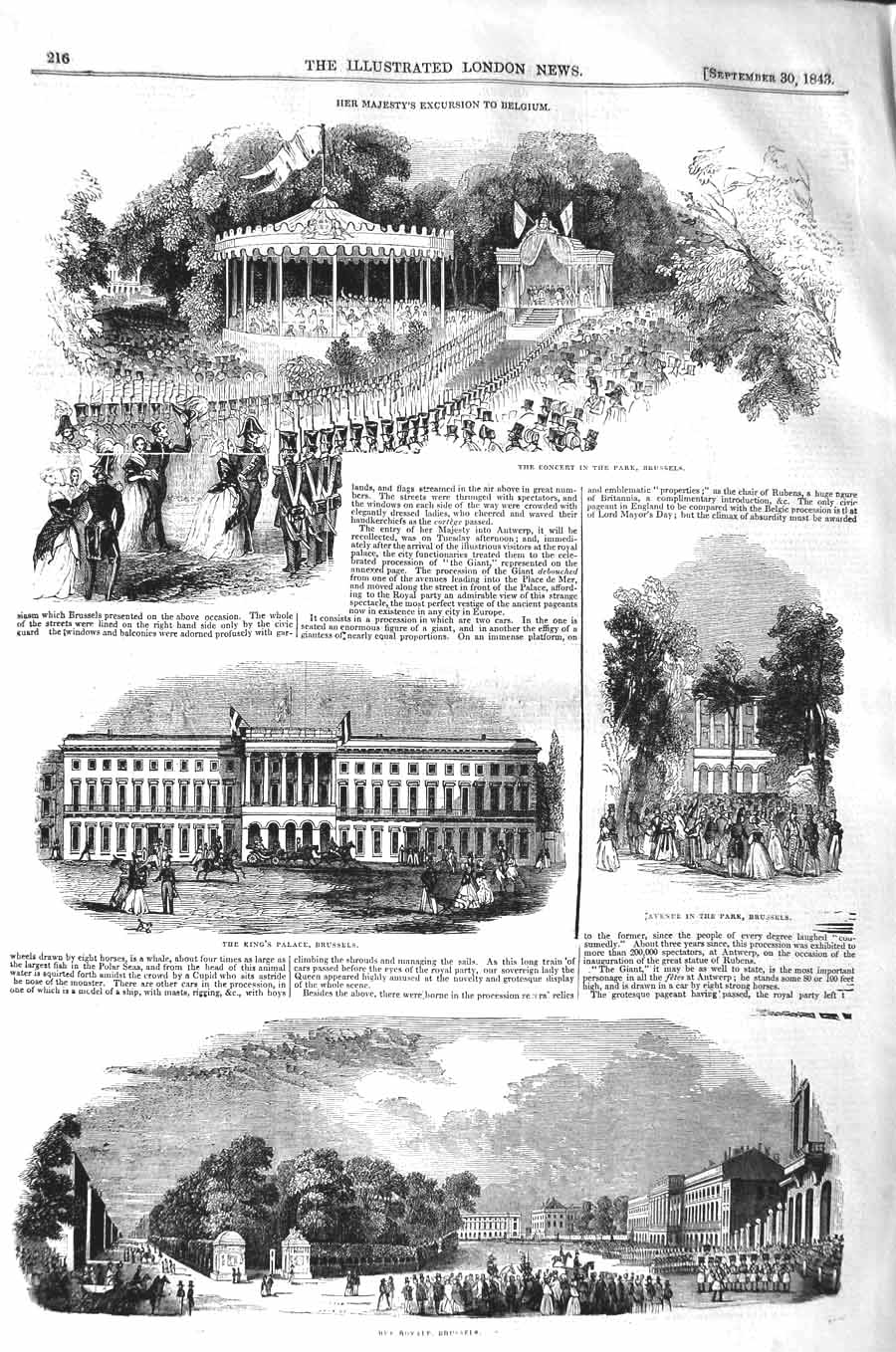 Old Antique Print 1843 Queen Belgium Rue Royale Brussels Palace Concert 19th