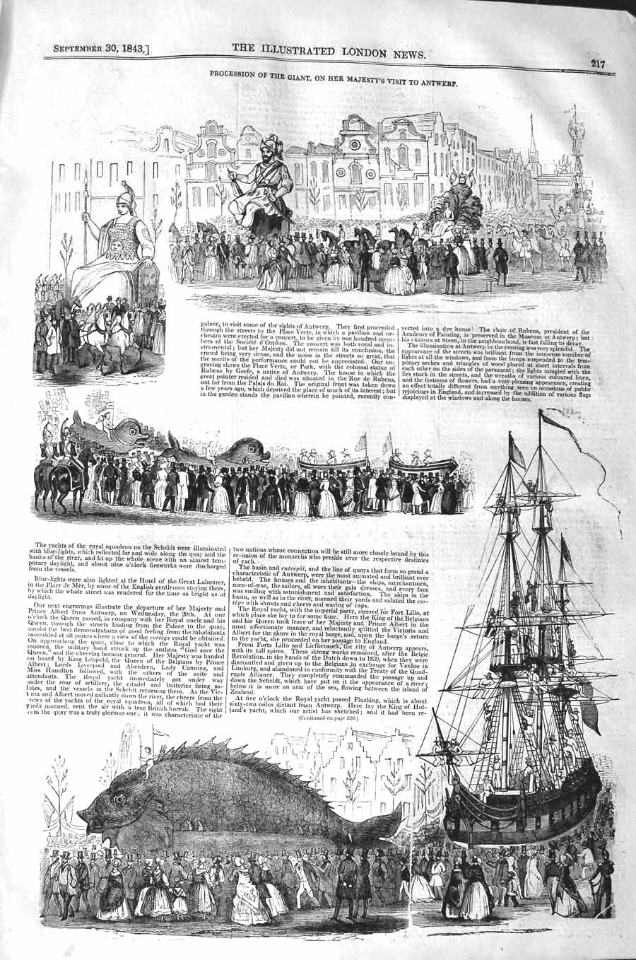 Original Old Antique Print 1843 Procession Giant Majesty Queen Antwerp Ship